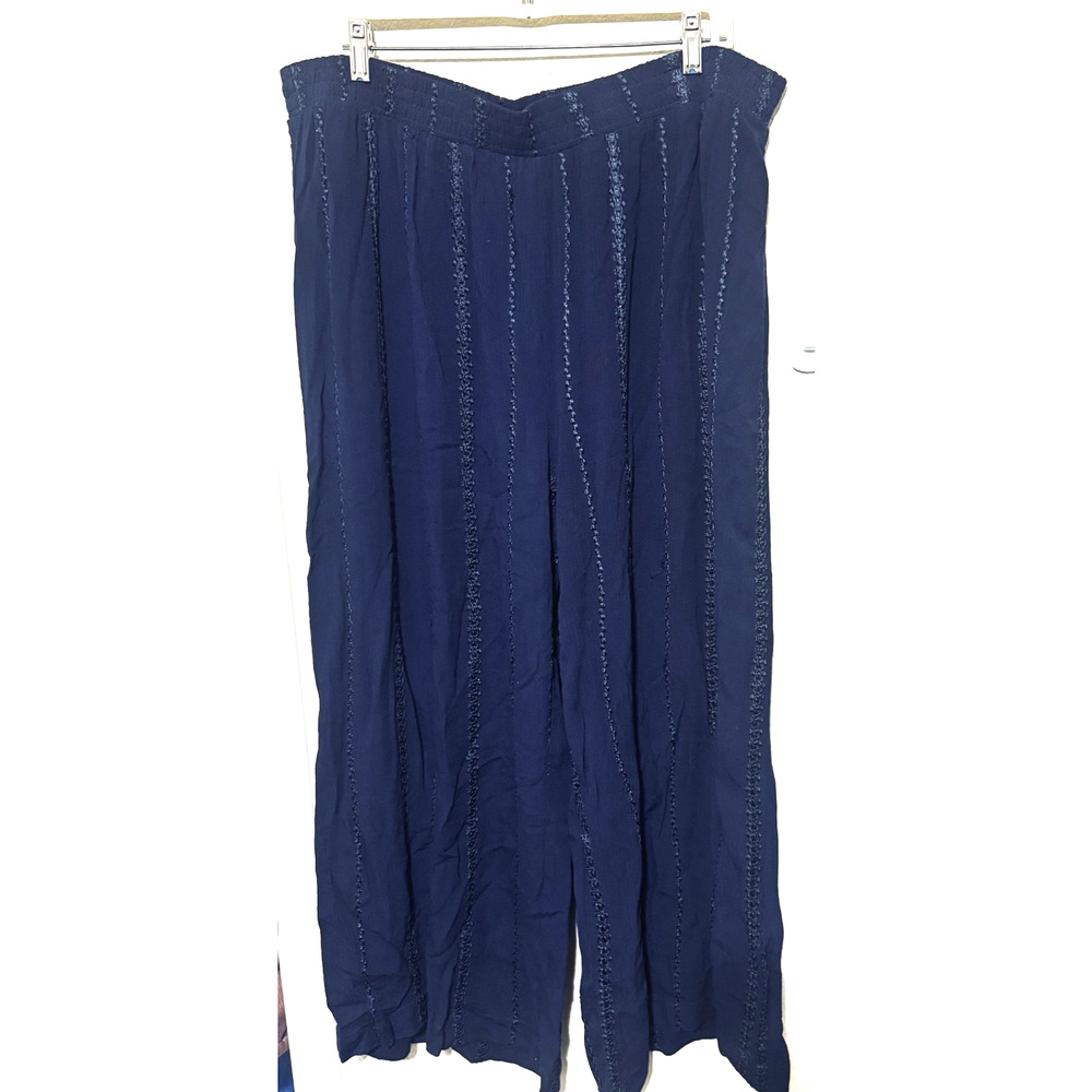 John Mark Navy Blue Wide Leg Cropped Pants Size XL Embroidered Palazzo Boho